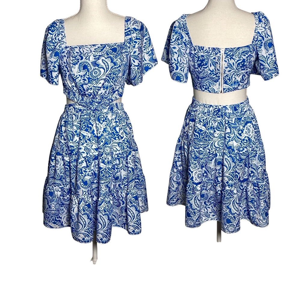 Paisley Cutout Women Dress Small Blue White Short Sleeve Square Neck Coastal